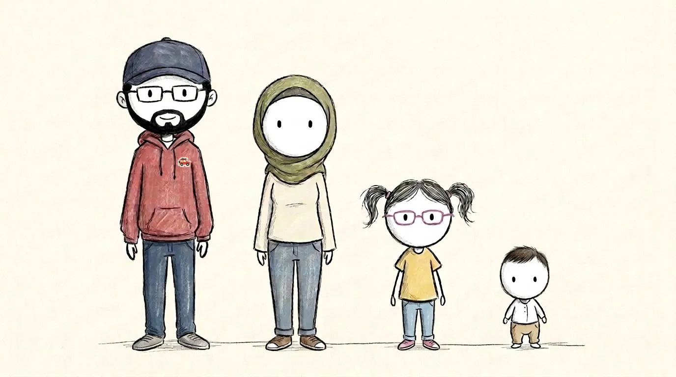 The family drawn as stick figures: Dad in a navy cap and a red hoodie with the family car logo on the chest, Shahrin in an olive hijab, Inaaya in pink glasses and pigtails, and baby Hamza