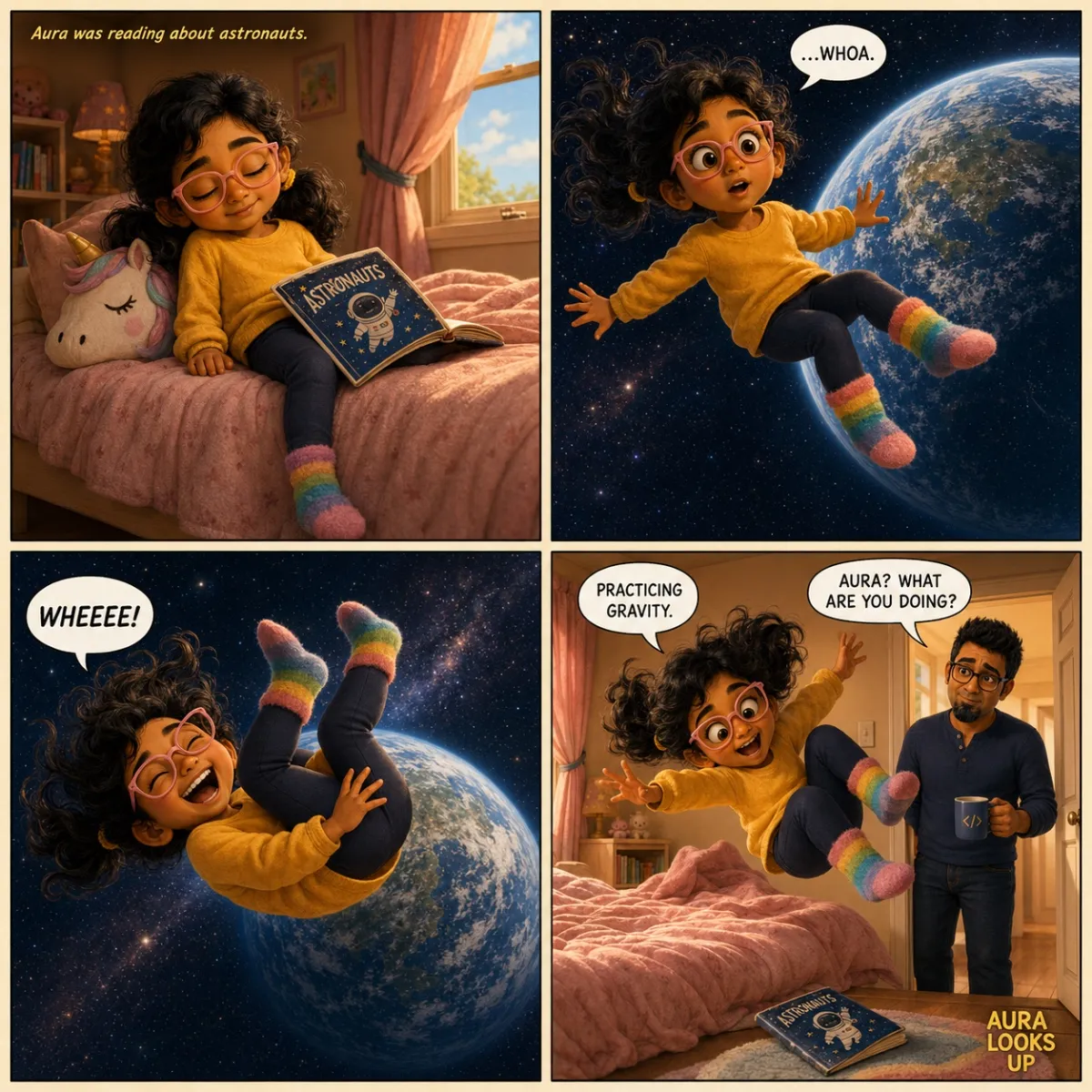Aura is curled up on her bed reading a book about astronauts. She drifts off to sleep. In her dream she is floating in space, hair drifting, glasses askew, doing somersaults in zero gravity with pure joy. She wakes up mid-real-life somersault, falling onto her bed. Daddy walks in just in time to see her in mid-air. She tells him she is practicing gravity.