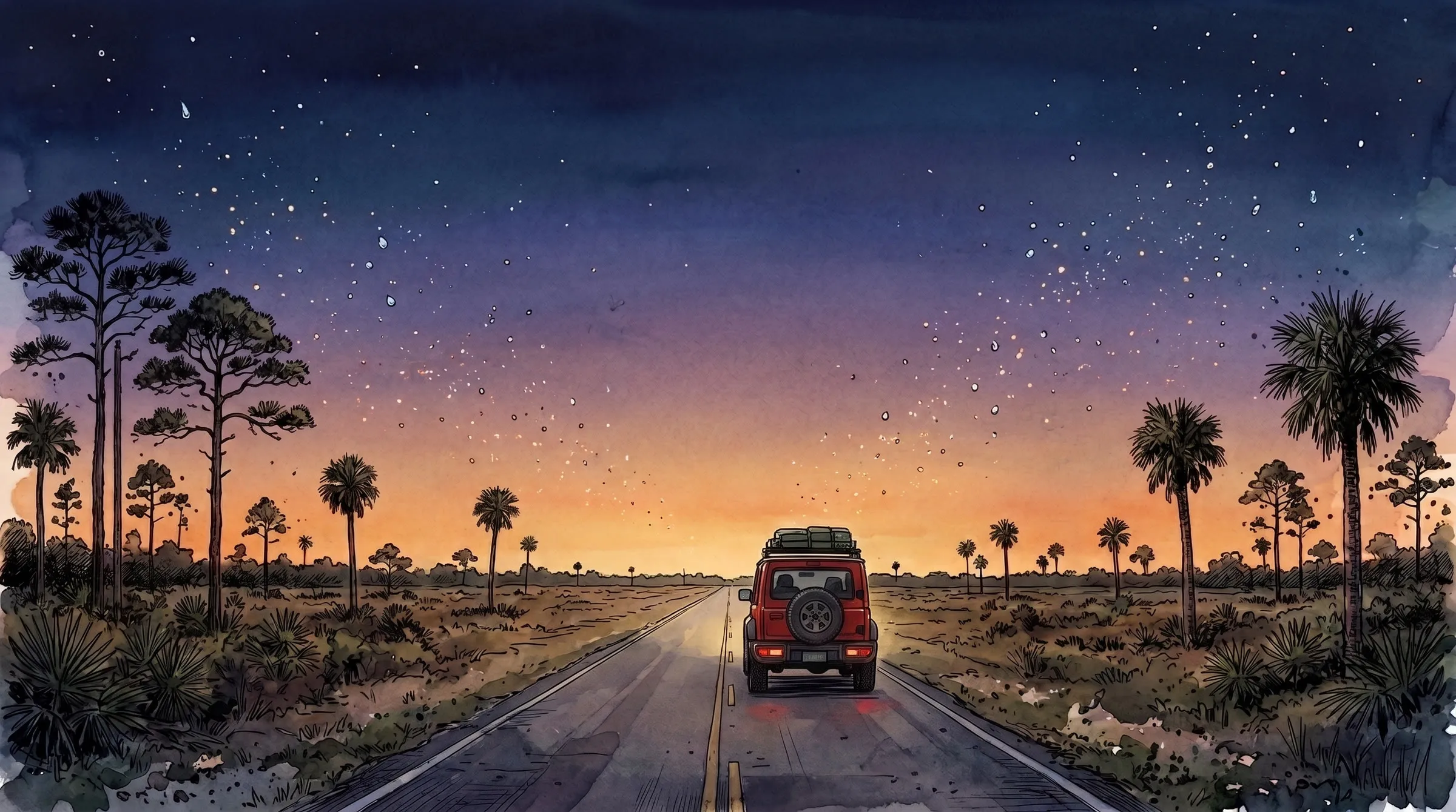 The family's red 4x4 driving north on an empty Florida road at dusk, drops of rain rising into the sky