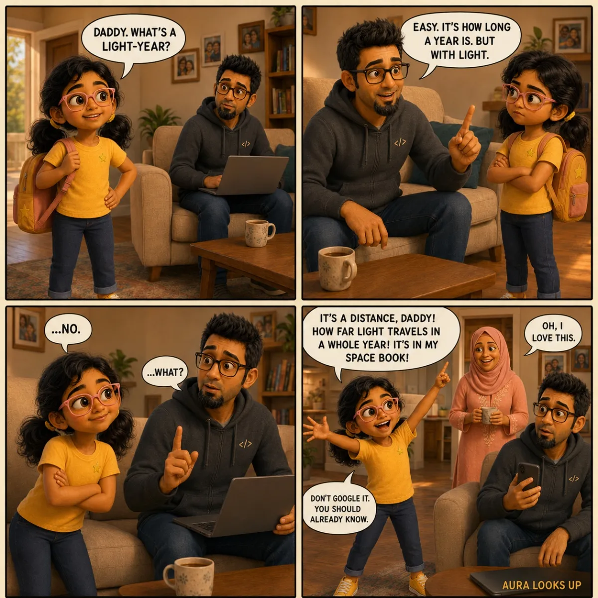 Aura comes home from school with her backpack and asks Daddy what a light-year is. Daddy confidently says it's how long a year is, but with light. Aura, arms folded skeptically, tells him no. Daddy freezes mid-explanation. In the final panel, Aura strikes a dramatic mad-scientist pose mirroring Daddy's usual stance, explaining that a light-year is a distance (how far light travels in a year) and that she read it in her space book. Daddy is caught holding his phone, defeated. Mummy walks in, sees the role reversal, and is delighted.