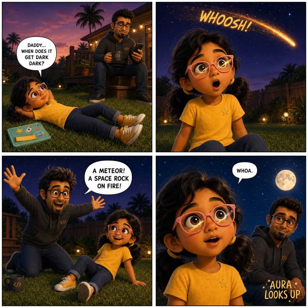 Look Up! Four panels: Aura lying in the grass asks Daddy 'when does it get dark dark?'; a meteor whooshes across the sky; Daddy throws his hands up shouting 'A meteor! A space rock on fire!'; the family sits together looking up at the moon, Aura whispers 'whoa.'