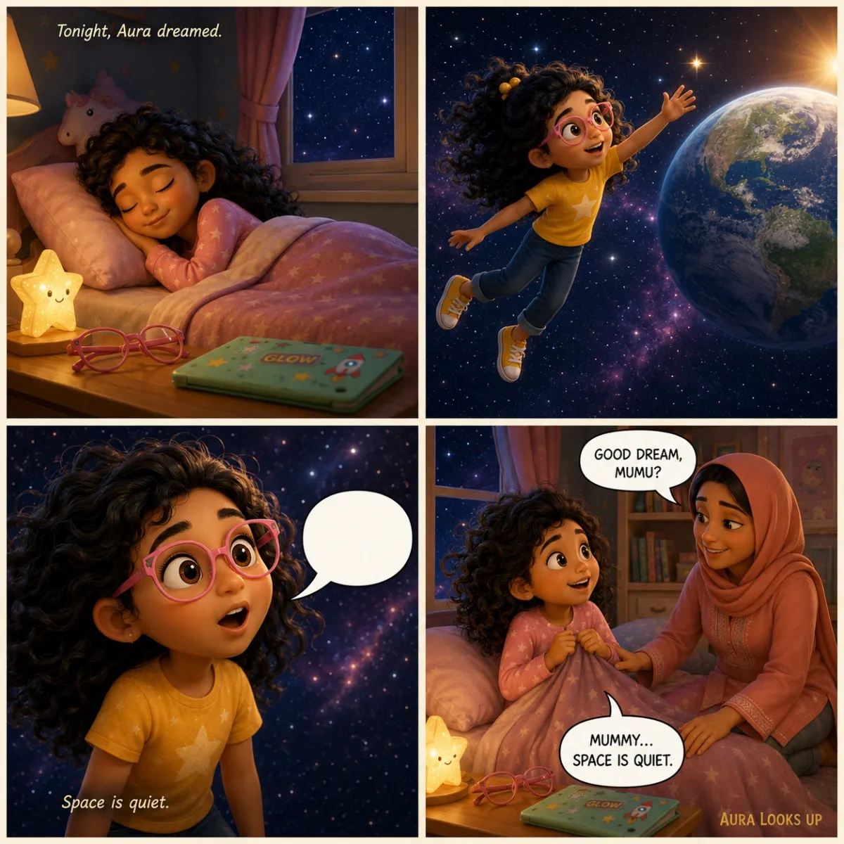 Aura goes to sleep tucked in her bed at night. She dreams she is floating in space, Earth glowing blue behind her, reaching toward a single distant star. She opens her mouth in awe but no sound comes out. Space is silent. She wakes up sitting up in bed, glasses still on the bedside table, and tells Mummy who has come to check on her: space is quiet.