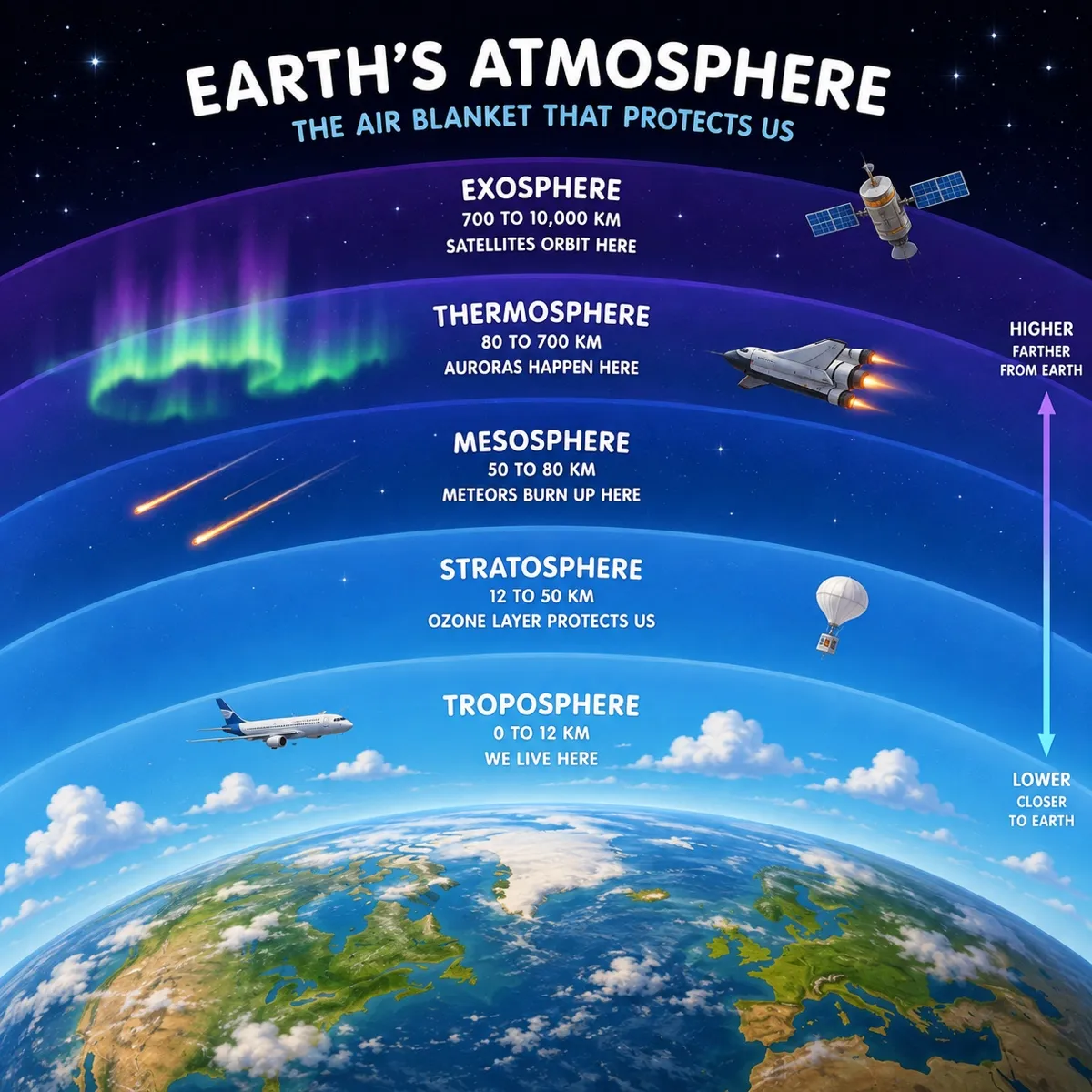 A diagram of Earth's atmosphere showing its five layers above the curve of the planet: the troposphere from 0 to 12 km where we live and airplanes fly, the stratosphere from 12 to 50 km where the ozone layer protects us, the mesosphere from 50 to 80 km where meteors burn up, the thermosphere from 80 to 700 km where auroras glow, and the exosphere from 700 to 10,000 km where satellites orbit.