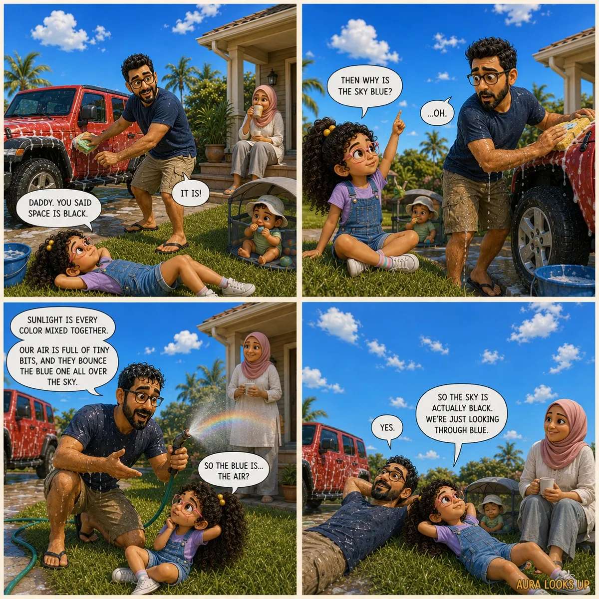 On a bright Saturday, Daddy is washing the family jeep in the driveway while Aura lies in the grass looking up at a brilliant blue sky. She says, "Daddy. You said space is black." Daddy answers cheerfully, "It is!" Then Aura sits up, points straight up, and asks, "Then why is the sky blue?" Daddy freezes mid-scrub with water dripping off his arm and says, "...Oh." He kneels in the grass beside her and sprays a fine mist from the garden hose, making a small rainbow in the sunlight, and explains that sunlight is every color mixed together and that the tiny bits in our air bounce the blue one all over the sky. Aura asks, "So the blue is... the air?" In the last panel they are both lying on their backs in the grass under an enormous blue sky. Daddy says, "The sky isn't blue. Our air is." Aura answers, "So the sky is actually black. We're just looking through blue." Daddy says, "Yes." Mummy watches from the porch with her tea, and Hamzu dozes in his playpen in a floppy sun hat.
