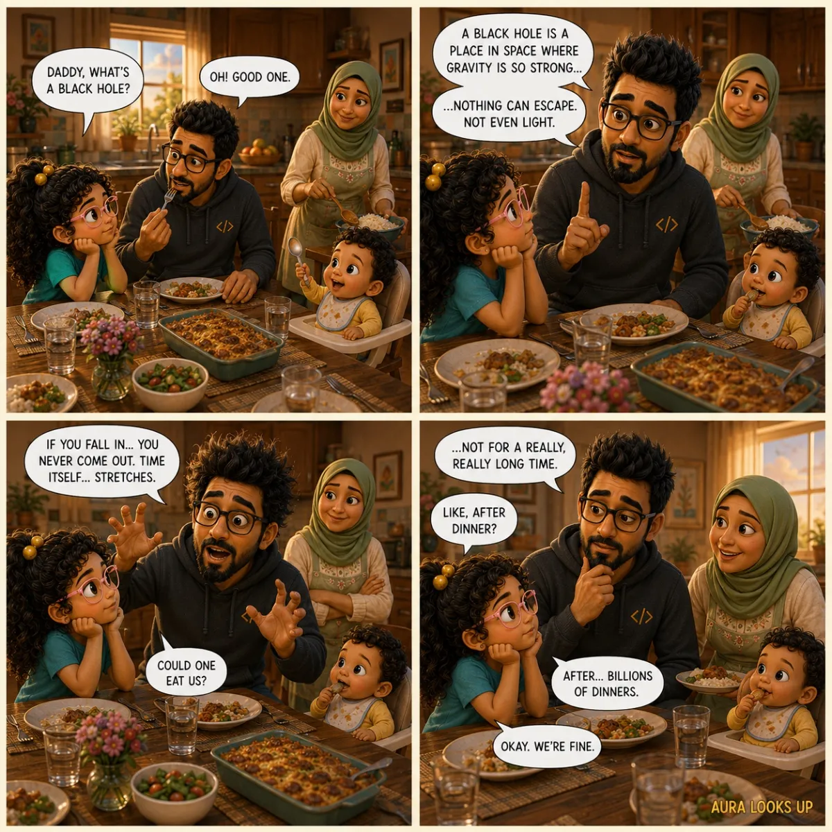 At dinner, Aura asks Daddy what a black hole is. He starts explaining confidently, but as he describes how gravity is so strong that nothing escapes, not even light, he starts to spook himself. His hair gets wild, his eyes go huge, and his voice gets dramatic. Aura watches calmly, chin in her hands, and finally asks "Could one eat us?" Daddy hesitates, then admits not for a really, really long time. Aura asks "Like, after dinner?" Daddy: "After billions of dinners." Aura nods. "Okay. We're fine." Mummy laughs in the background. Hamzu keeps eating.