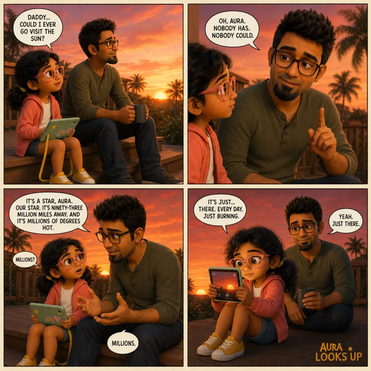 Aura and Daddy sit together on the back deck at sunset, watching the sun set over palm trees. Aura asks if she could ever visit the sun. Daddy explains gently that the sun is a star, ninety-three million miles away, with millions of degrees of heat. Aura looks at the sun through her tablet's camera, her face quiet with wonder. She whispers that the sun is just there, every day, just burning. Daddy watches her with a proud small smile.