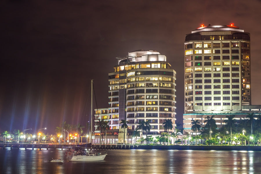 West Palm Beach waterfront at night. Photograph by Robin Mehdee.