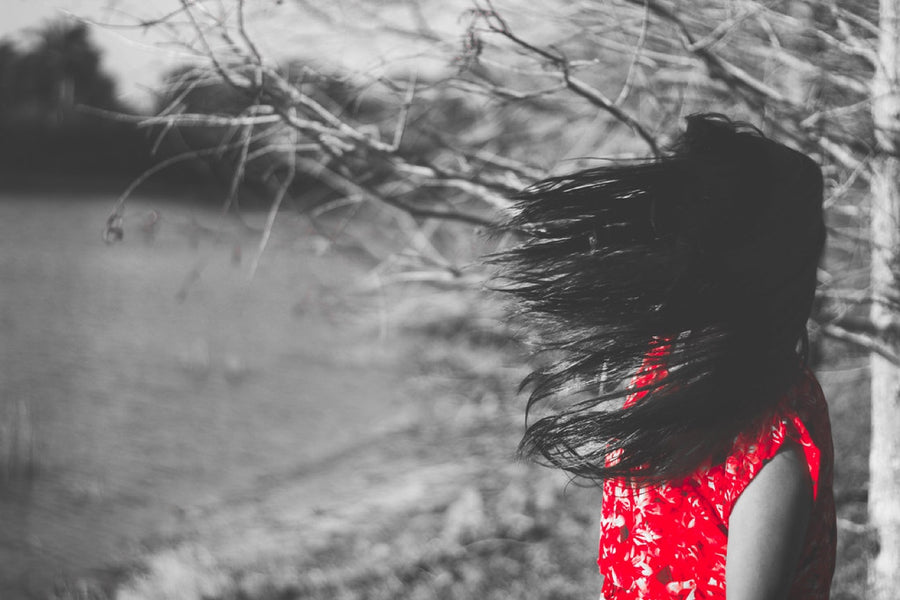 Wind and a red dress. Photograph by Robin Mehdee.
